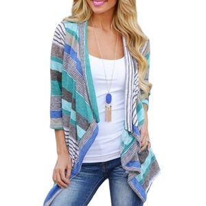 Dearcase Women's Open Front Waterfall Striped Cardigan Cotton Blend Size Large